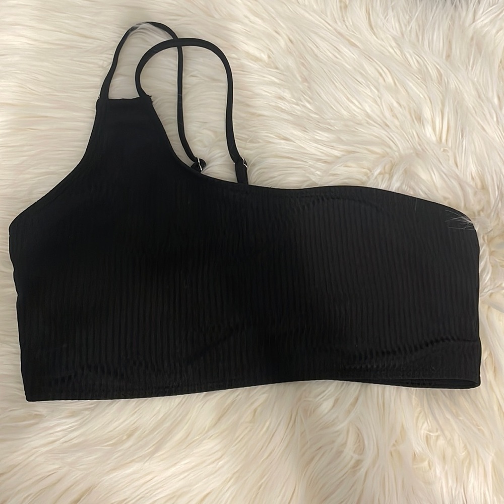 Black Ribbed One Shoulder Swim Top